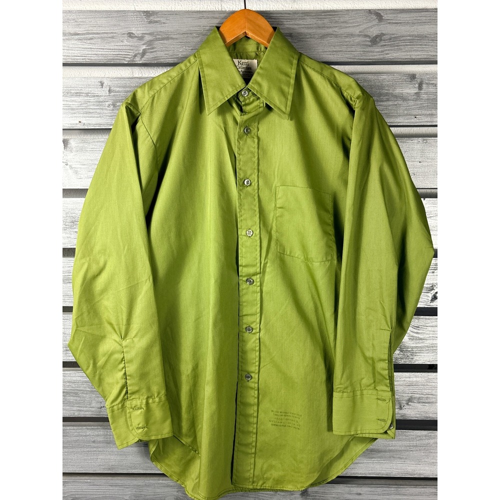 Vintage 70s Arrow Kent Lime Green Button Down Shirt Men 15/32 M disco big collar - Picture 1 of 8